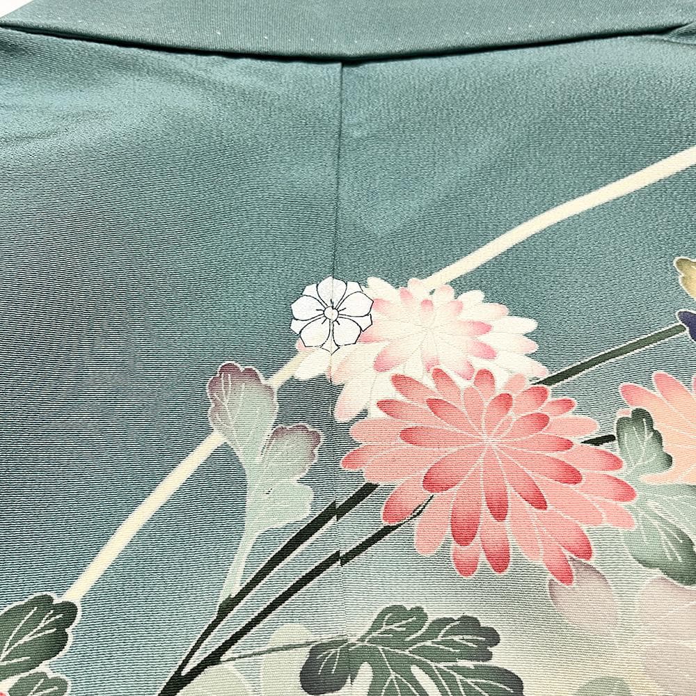 十日町友禅 正絹 訪問着 ちりめん 中古 水色 手描友禅 №ymk0049