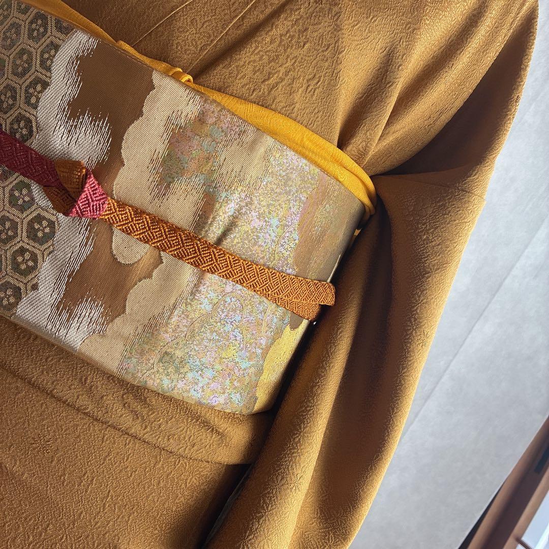 色無地　フルセット　着物　正絹　卒業式　入学式　植物地紋　山吹色　G9