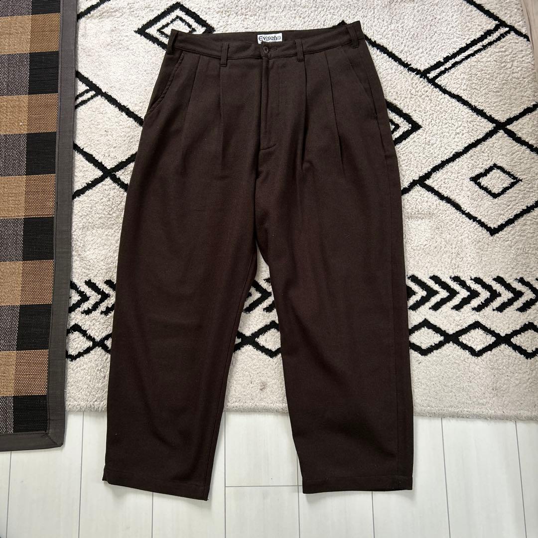 Evisen ブラウン ダブルプリーツ スラックス XL