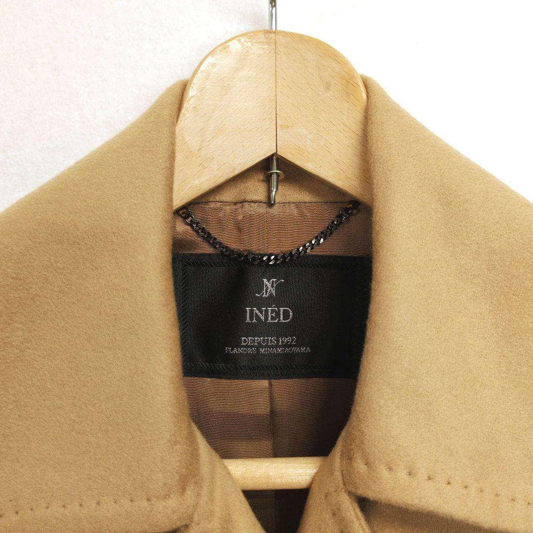 【イネド】ロングベルテッドコート カシミヤ100% キャメル ステッチ比翼ボタン