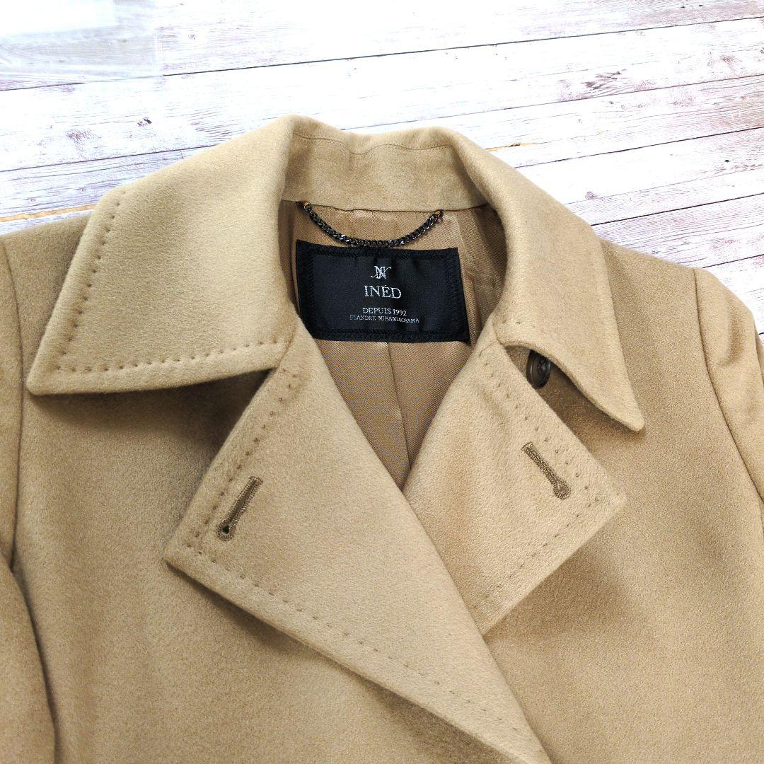 【イネド】ロングベルテッドコート カシミヤ100% キャメル ステッチ比翼ボタン