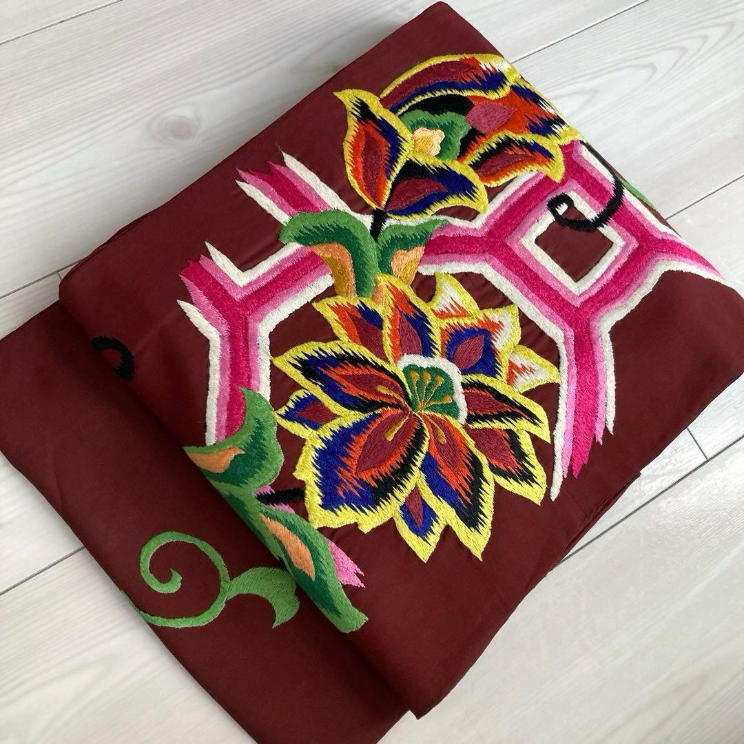アンティーク名古屋帯　刺繍の花唐草　チョコレートブラウン　正絹　No.6-28