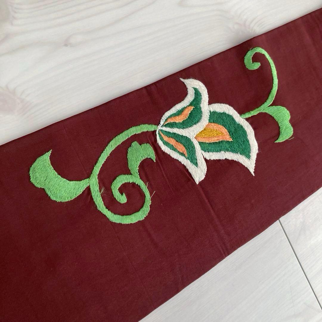 アンティーク名古屋帯　刺繍の花唐草　チョコレートブラウン　正絹　No.6-28