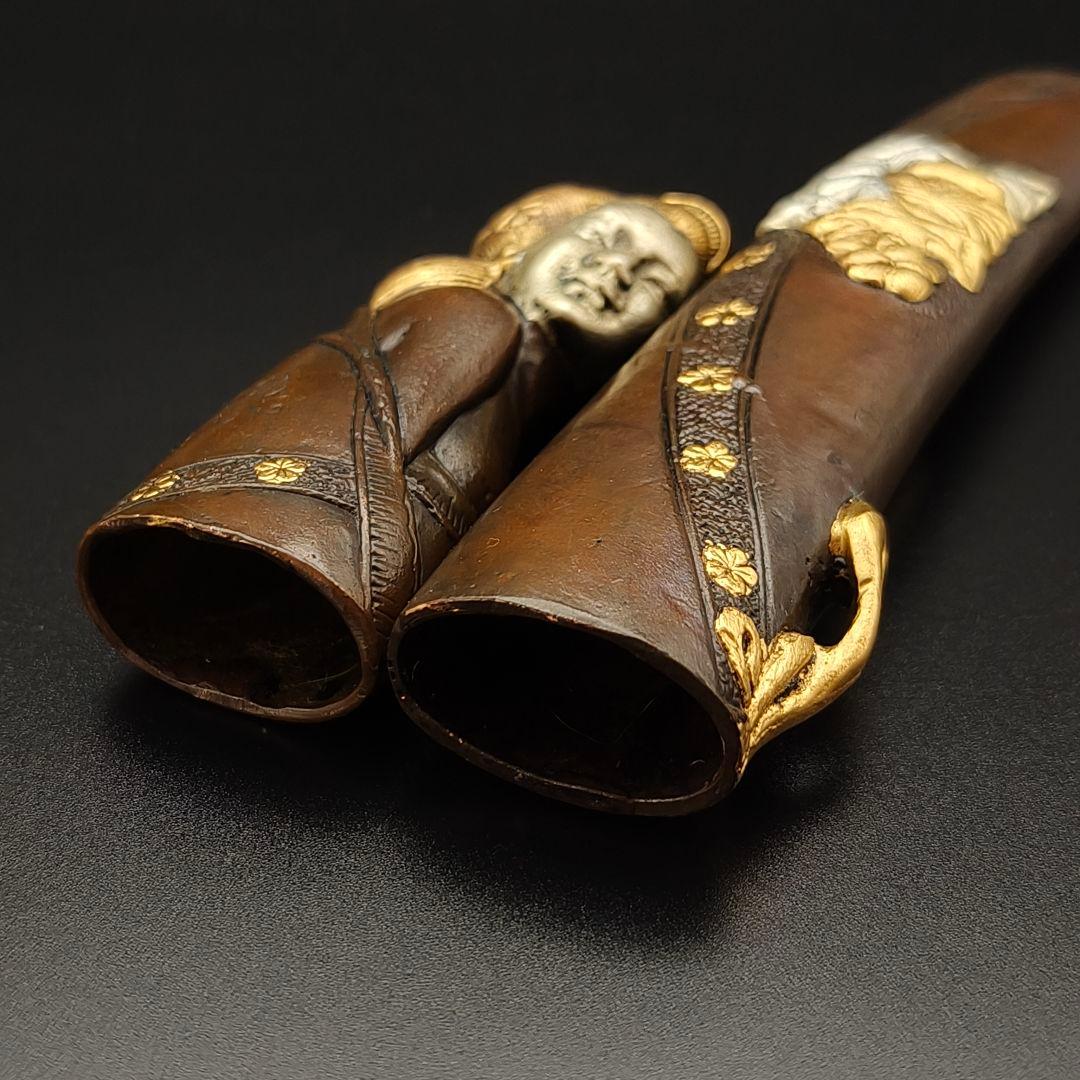 マ*ト様 年末セール　銅製刀装具　短刀拵　柄鞘一式　遊女の図　絵金銀　金工品　細