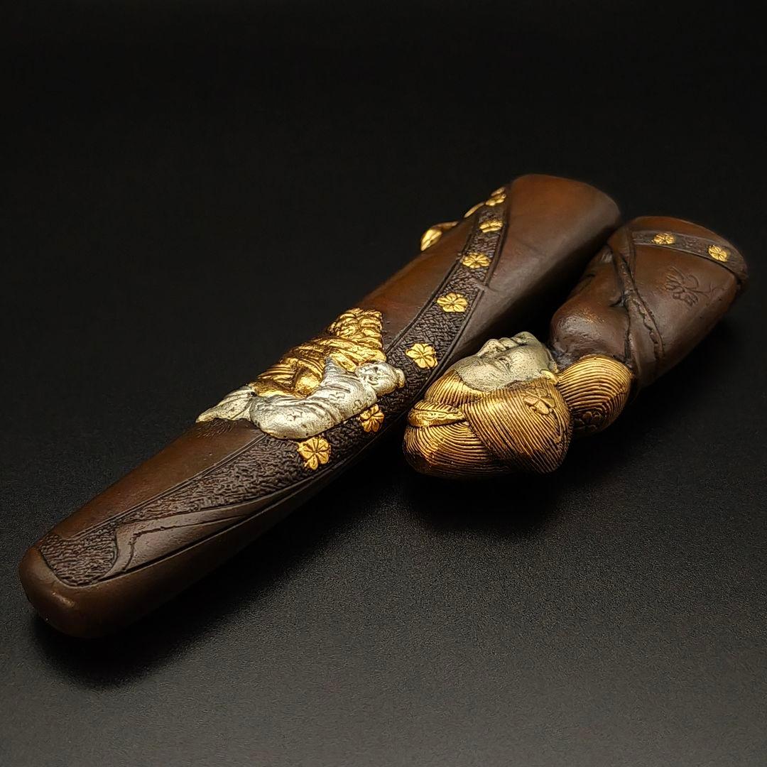 マ*ト様 年末セール　銅製刀装具　短刀拵　柄鞘一式　遊女の図　絵金銀　金工品　細