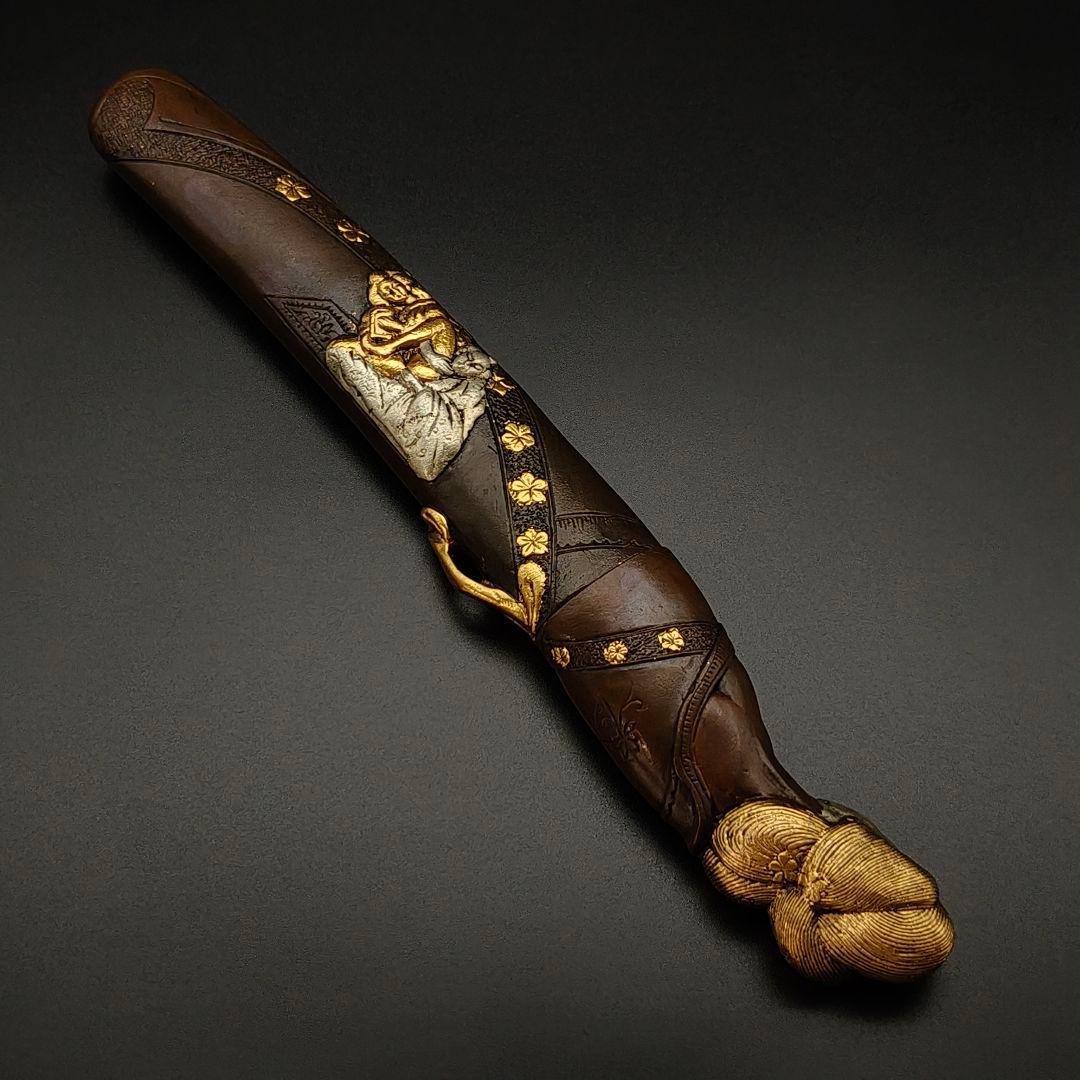 マ*ト様 年末セール　銅製刀装具　短刀拵　柄鞘一式　遊女の図　絵金銀　金工品　細