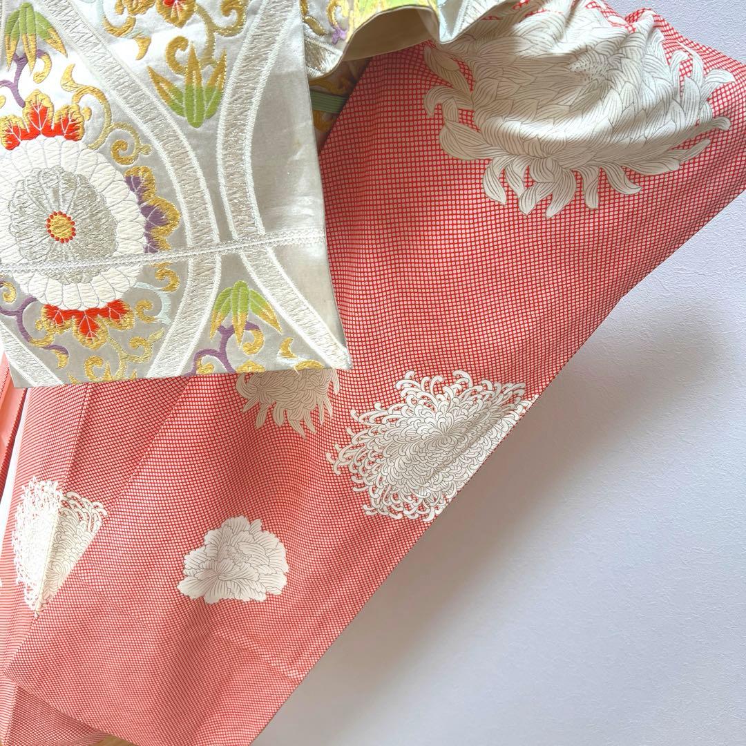 373 振袖フルセット 正絹 朱赤 橙オレンジ 金彩 手描き 小柄さん レトロ