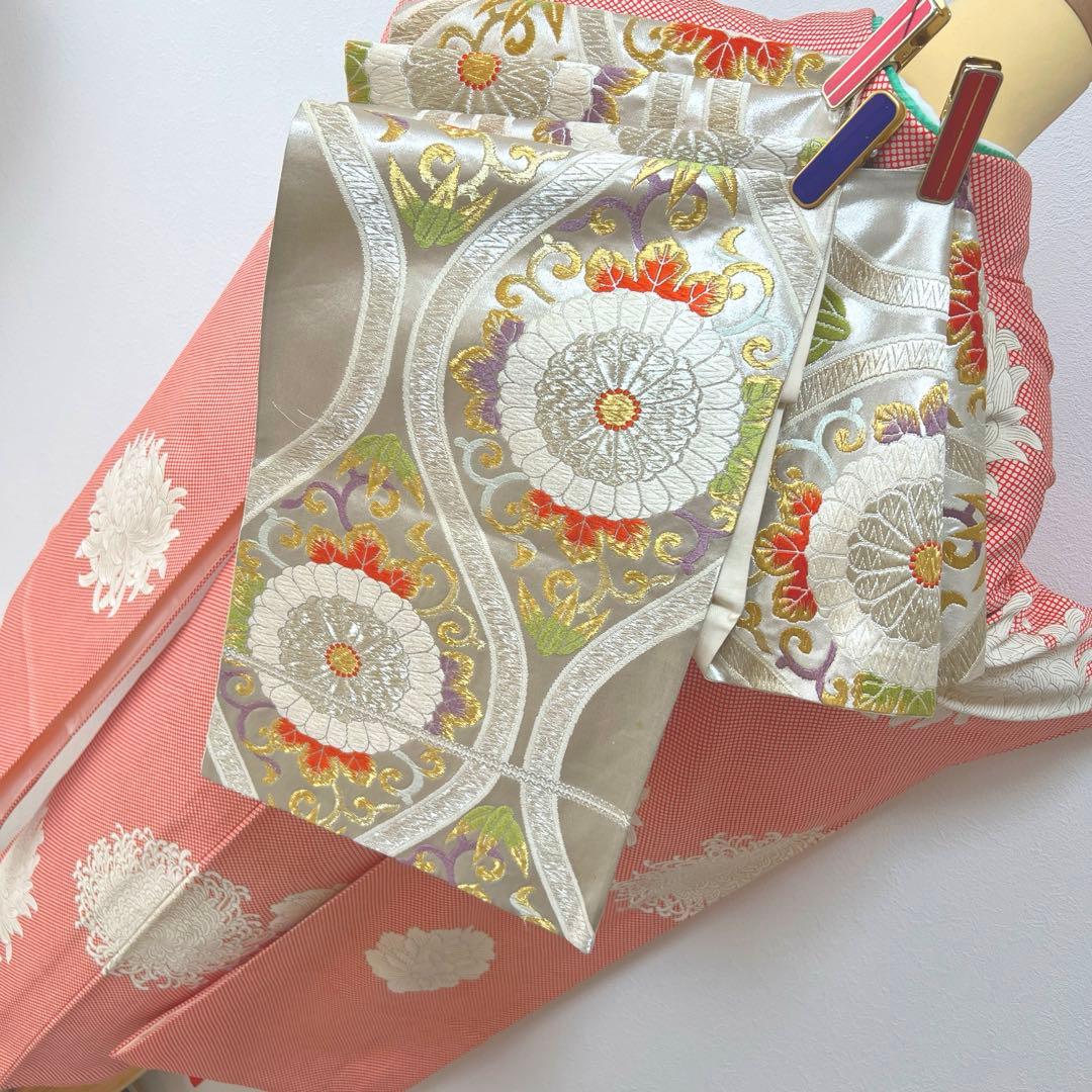 373 振袖フルセット 正絹 朱赤 橙オレンジ 金彩 手描き 小柄さん レトロ