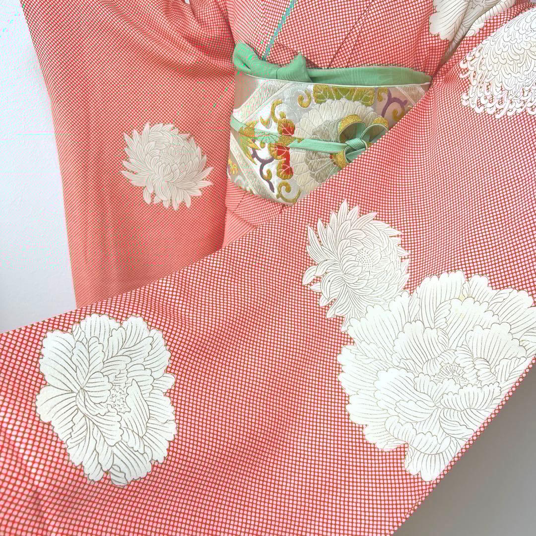 373 振袖フルセット 正絹 朱赤 橙オレンジ 金彩 手描き 小柄さん レトロ