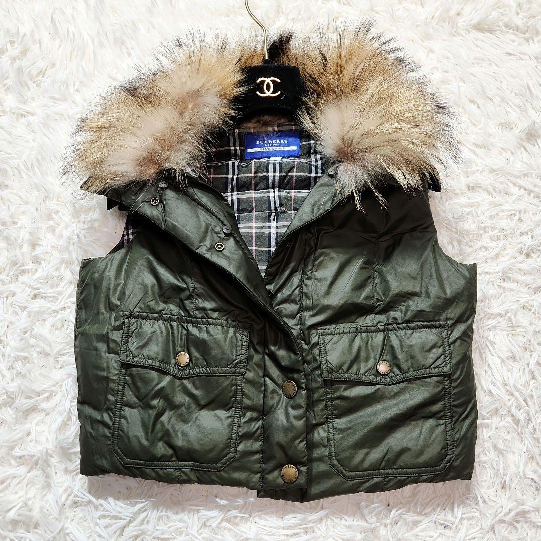 美品✨BURBERRY ダウンベスト ラクーンファー ノバチェック カーキ 38