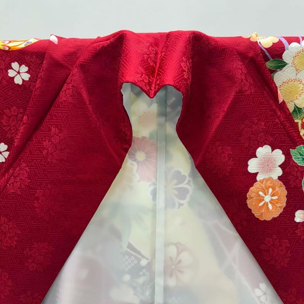 振袖 正絹 赤 黄色 古典花柄　裄68.8㎝ 　成人式 中古 c-80