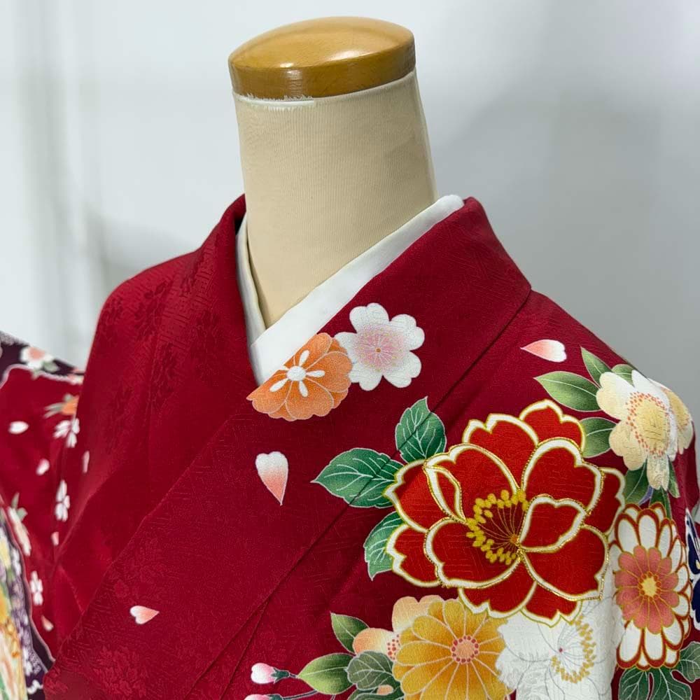 振袖 正絹 赤 黄色 古典花柄　裄68.8㎝ 　成人式 中古 c-80