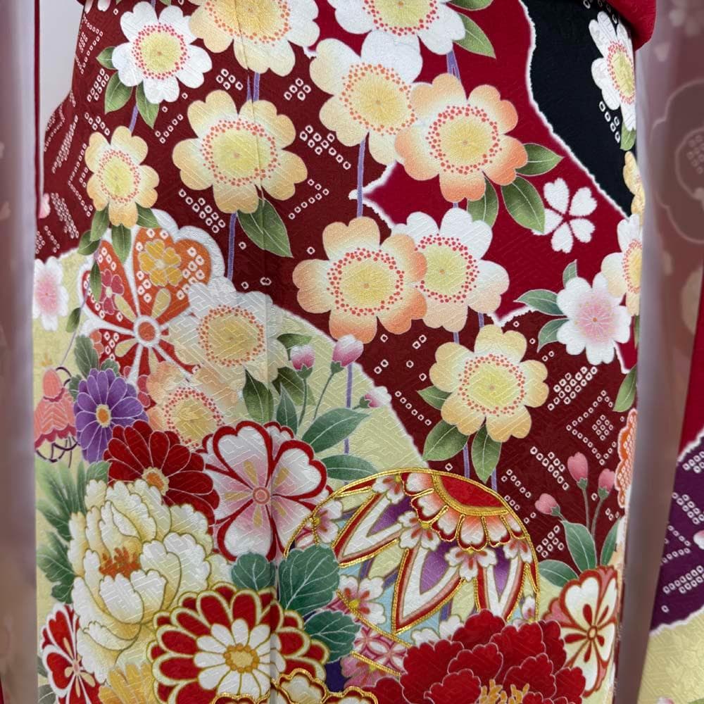 振袖 正絹 赤 黄色 古典花柄　裄68.8㎝ 　成人式 中古 c-80