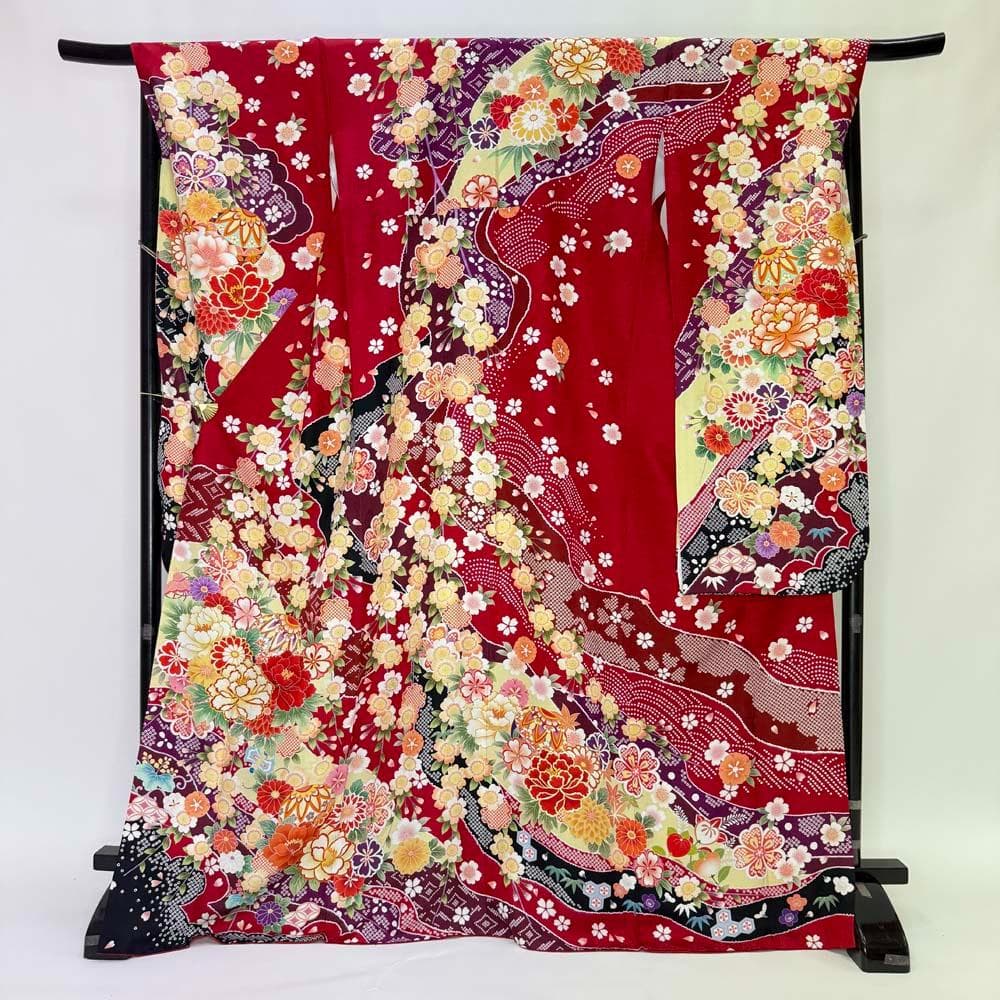 振袖 正絹 赤 黄色 古典花柄　裄68.8㎝ 　成人式 中古 c-80