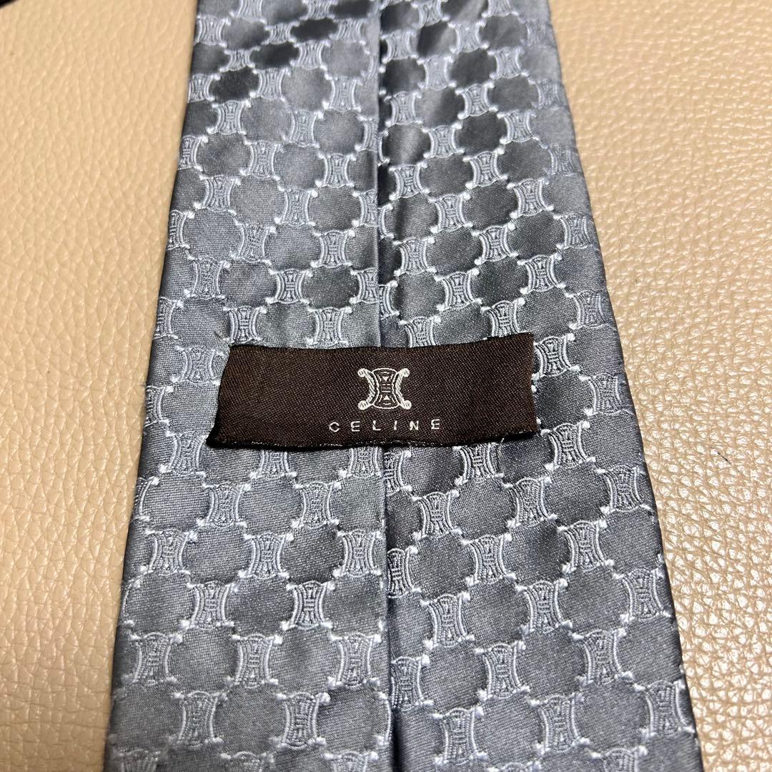 セリーヌ　ネクタイ　マカダム　トリオンフ　ストライプ ドット　チェック　グレー