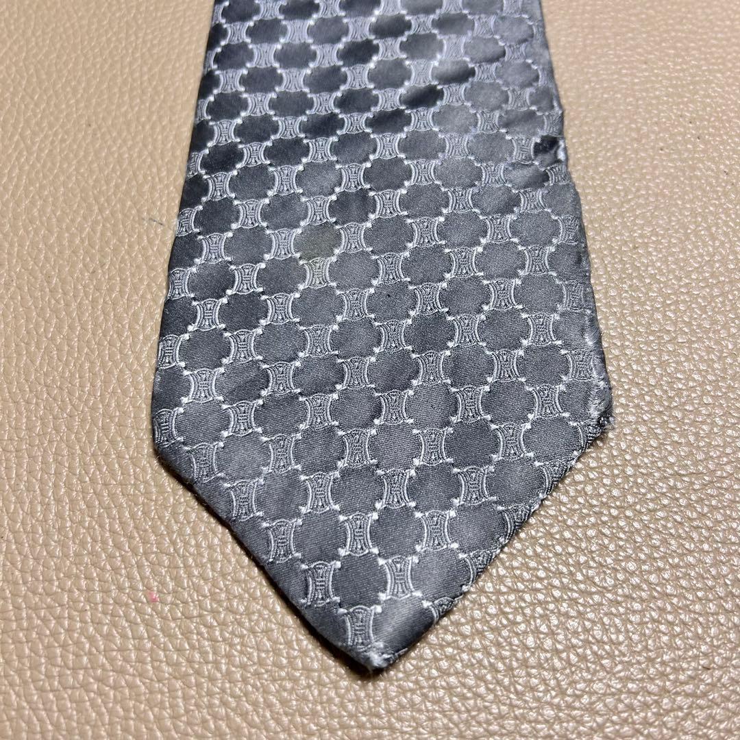 セリーヌ　ネクタイ　マカダム　トリオンフ　ストライプ ドット　チェック　グレー
