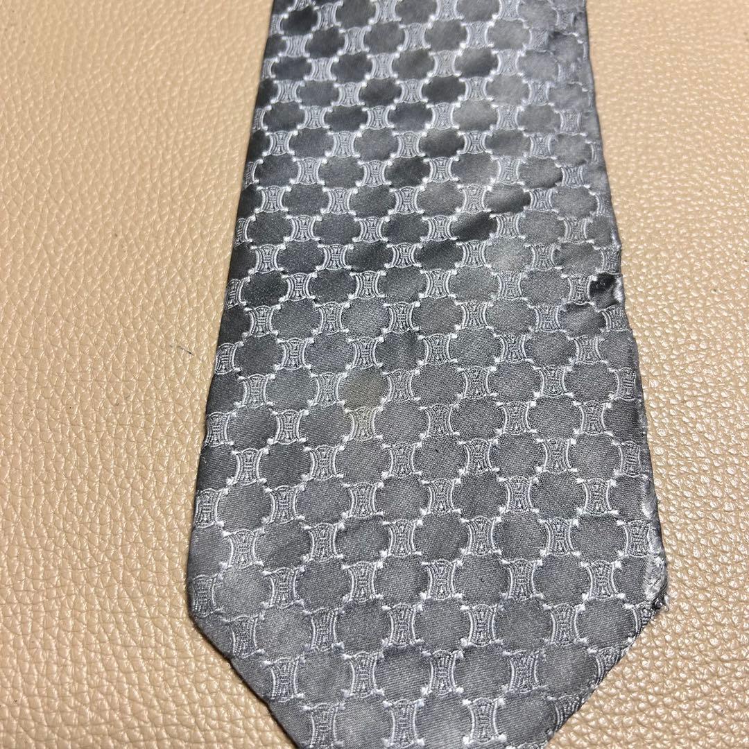 セリーヌ　ネクタイ　マカダム　トリオンフ　ストライプ ドット　チェック　グレー