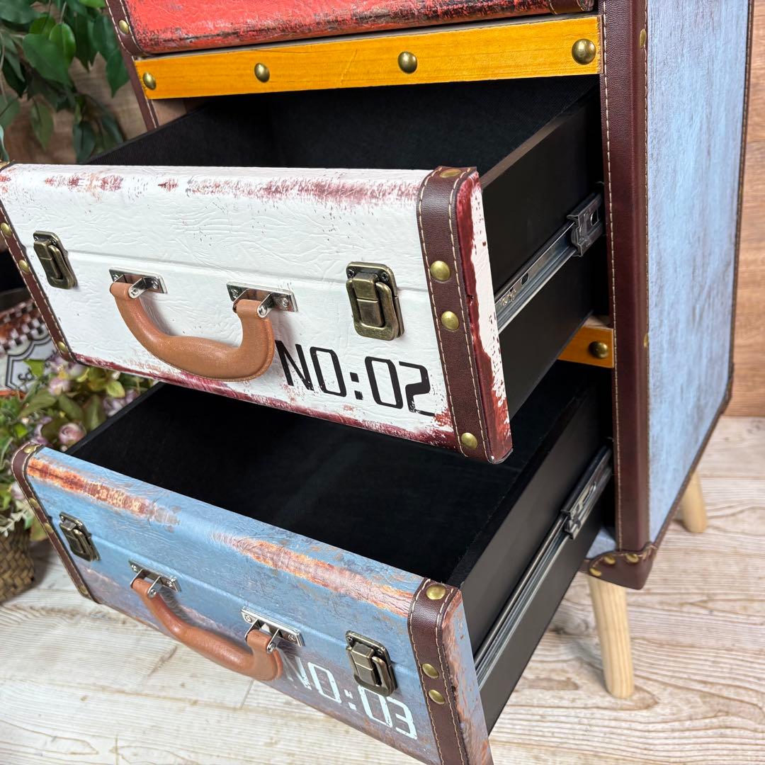 アンティーク調レザートランクチェスト三段脚付（41㎝×80㎝）洋タンス木製飾り棚