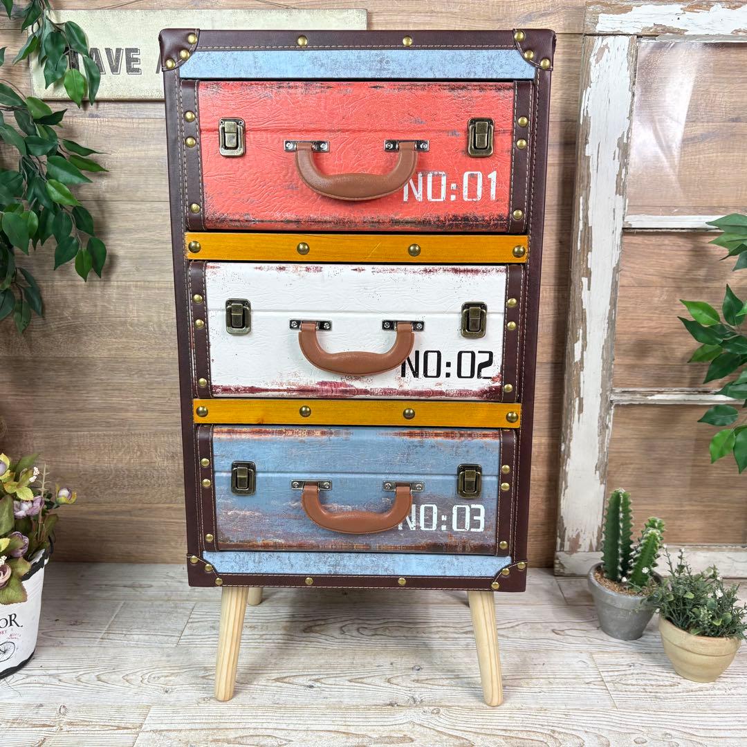 アンティーク調レザートランクチェスト三段脚付（41㎝×80㎝）洋タンス木製飾り棚