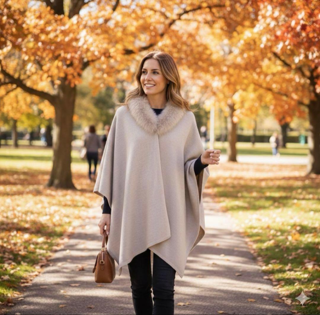 【美品】GIOVI/BEAMS フォックスファー　ポンチョ　アイボリー