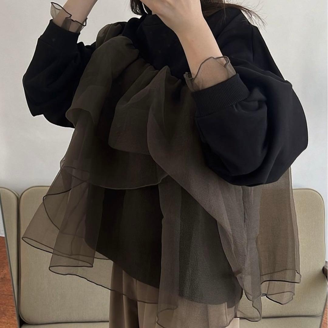 【WILLFULLY】チュールフリル異素材スウェット　ブラック　F 体型カバー