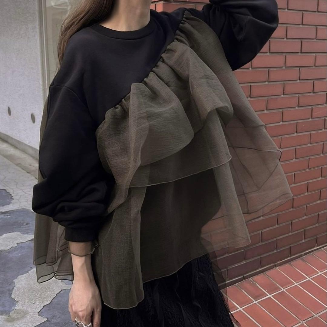 【WILLFULLY】チュールフリル異素材スウェット　ブラック　F 体型カバー