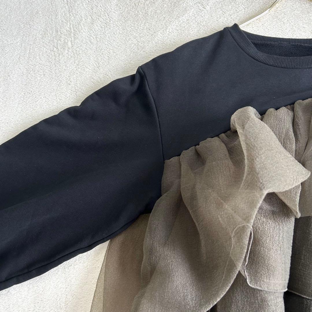 【WILLFULLY】チュールフリル異素材スウェット　ブラック　F 体型カバー