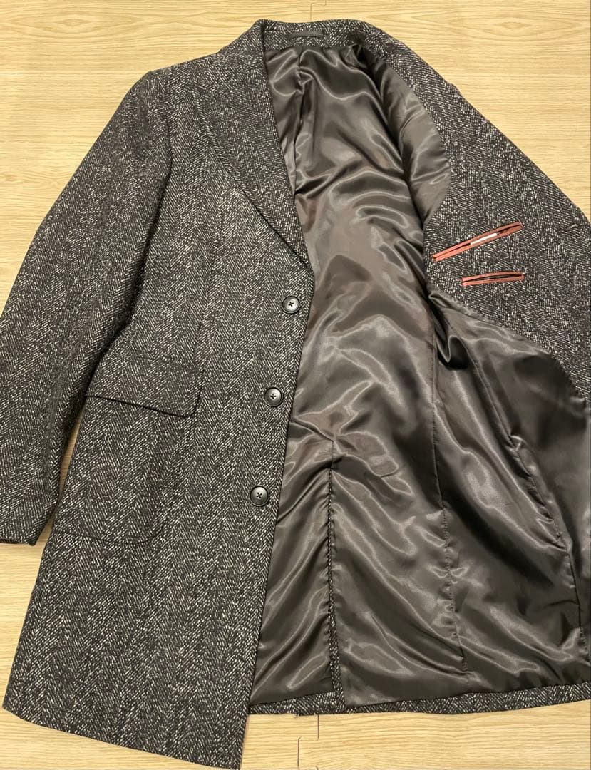 【美品】TRUSSARDI 伊 ヘリンボーン ウールブレンド チェスターコート