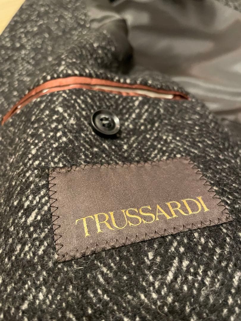 【美品】TRUSSARDI 伊 ヘリンボーン ウールブレンド チェスターコート