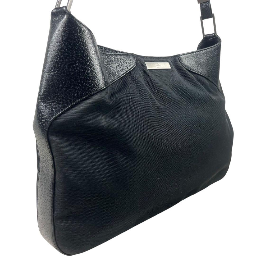 美品 グッチ ワンショルダー トートバッグ ブラック ロゴプレート 肩掛け