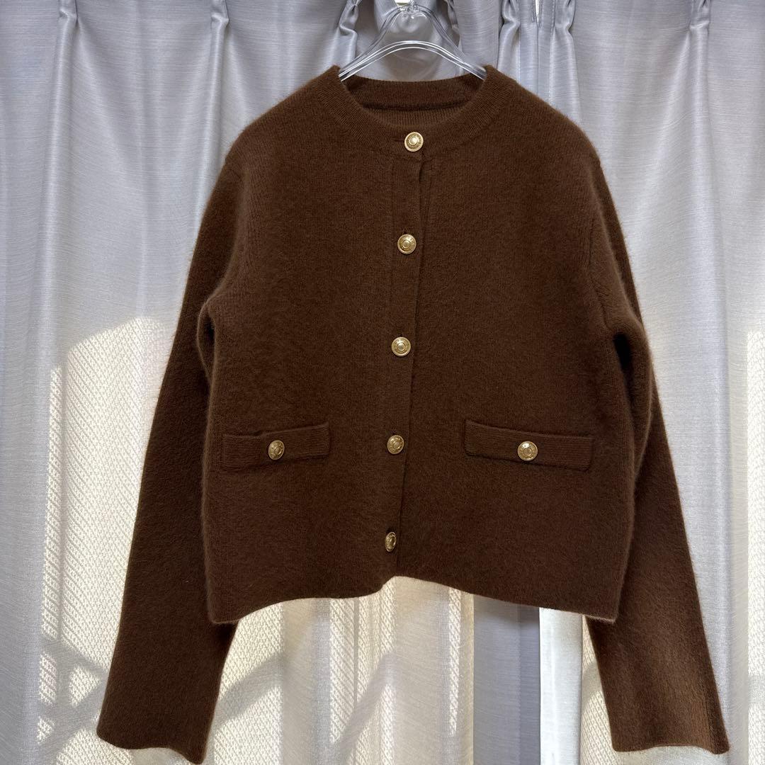 新品試着のみanuans ラクーンブレンドノーカラーニットジャケット　キャメル