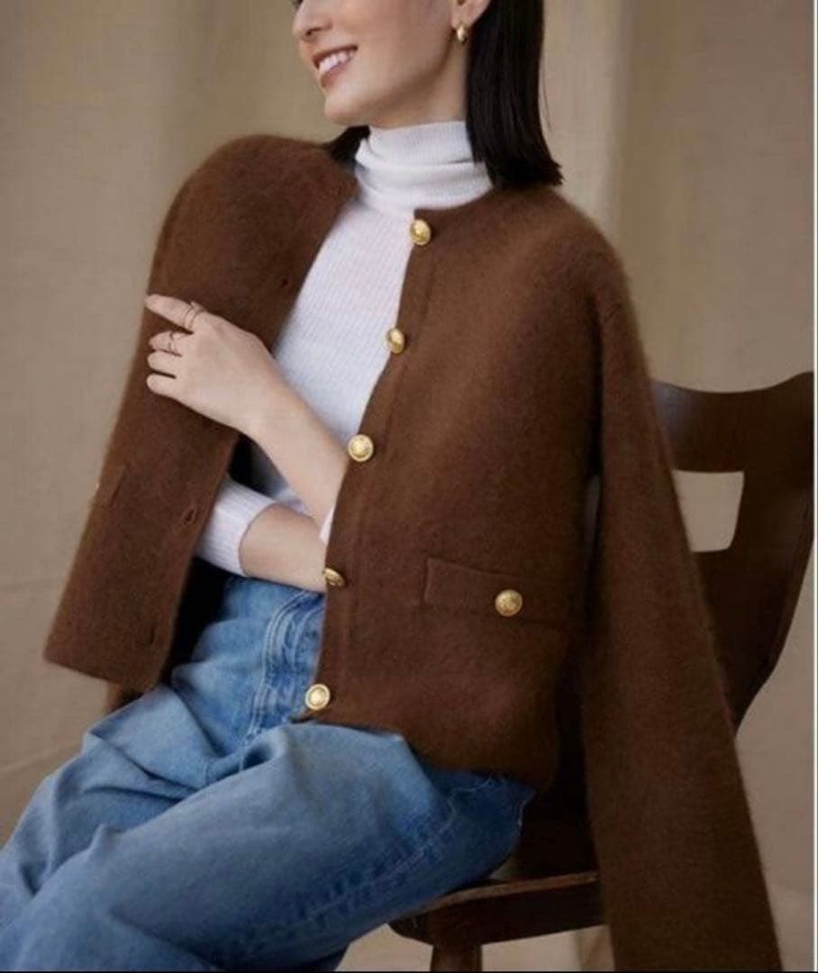 新品試着のみanuans ラクーンブレンドノーカラーニットジャケット　キャメル