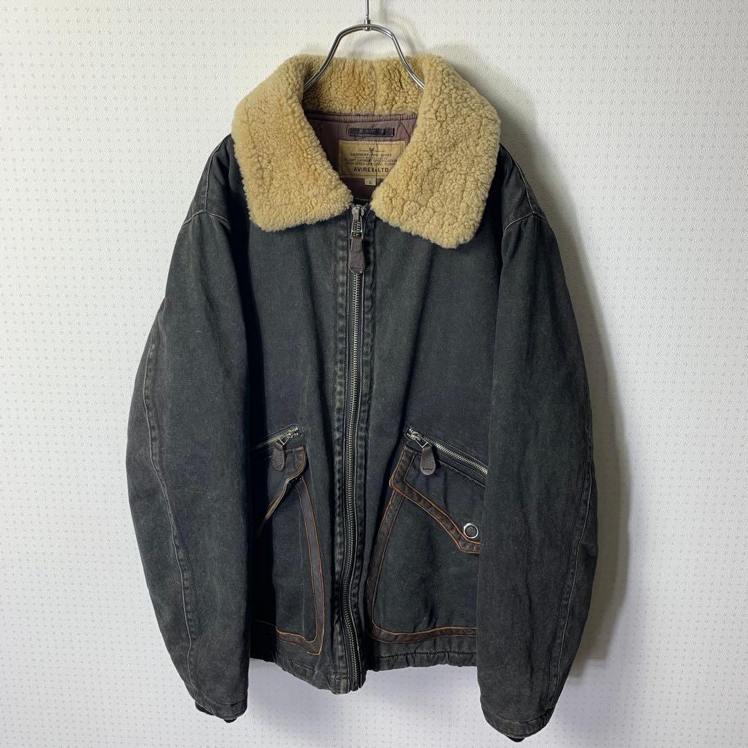 00s avirex フライトジャケット L 襟羊毛ボア 中綿 レザー ブラック