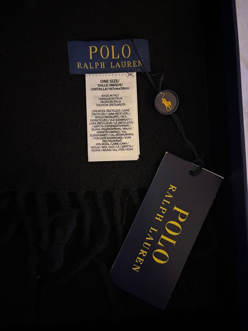 美品POLO RALPH LAURENリサイクルウールマフラーブラック/レッド