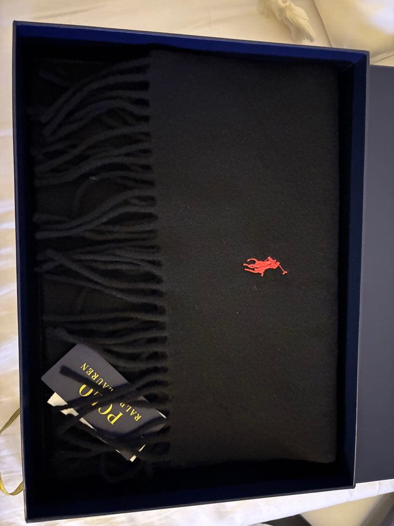 美品POLO RALPH LAURENリサイクルウールマフラーブラック/レッド