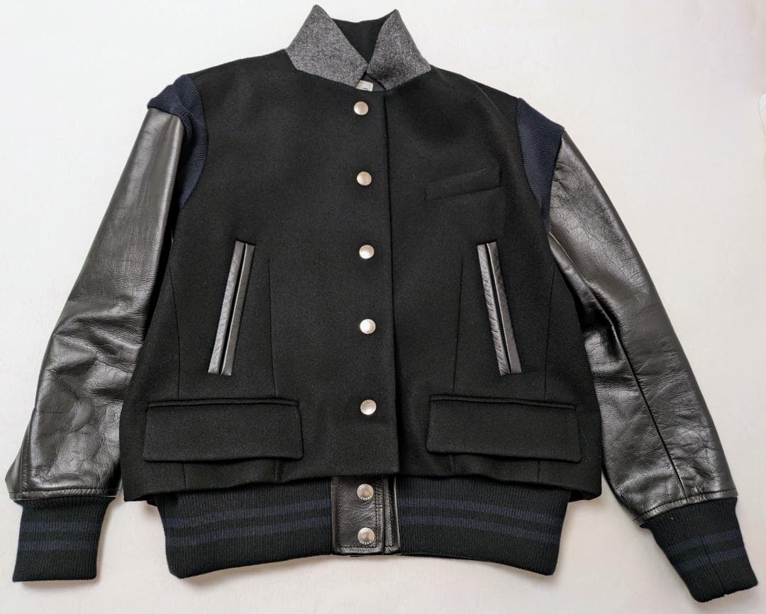 sacai サカイ　スタジアムジャンパー　袖レザー　黒＋ネイビー