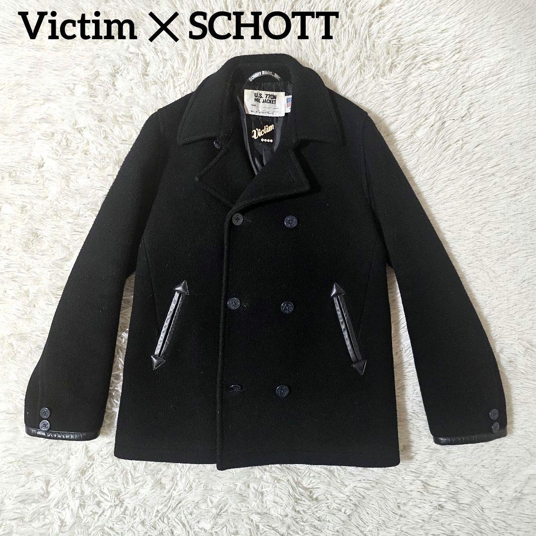 美品 victim ✕ SCHOTT レザーパイピング ピーコート XL