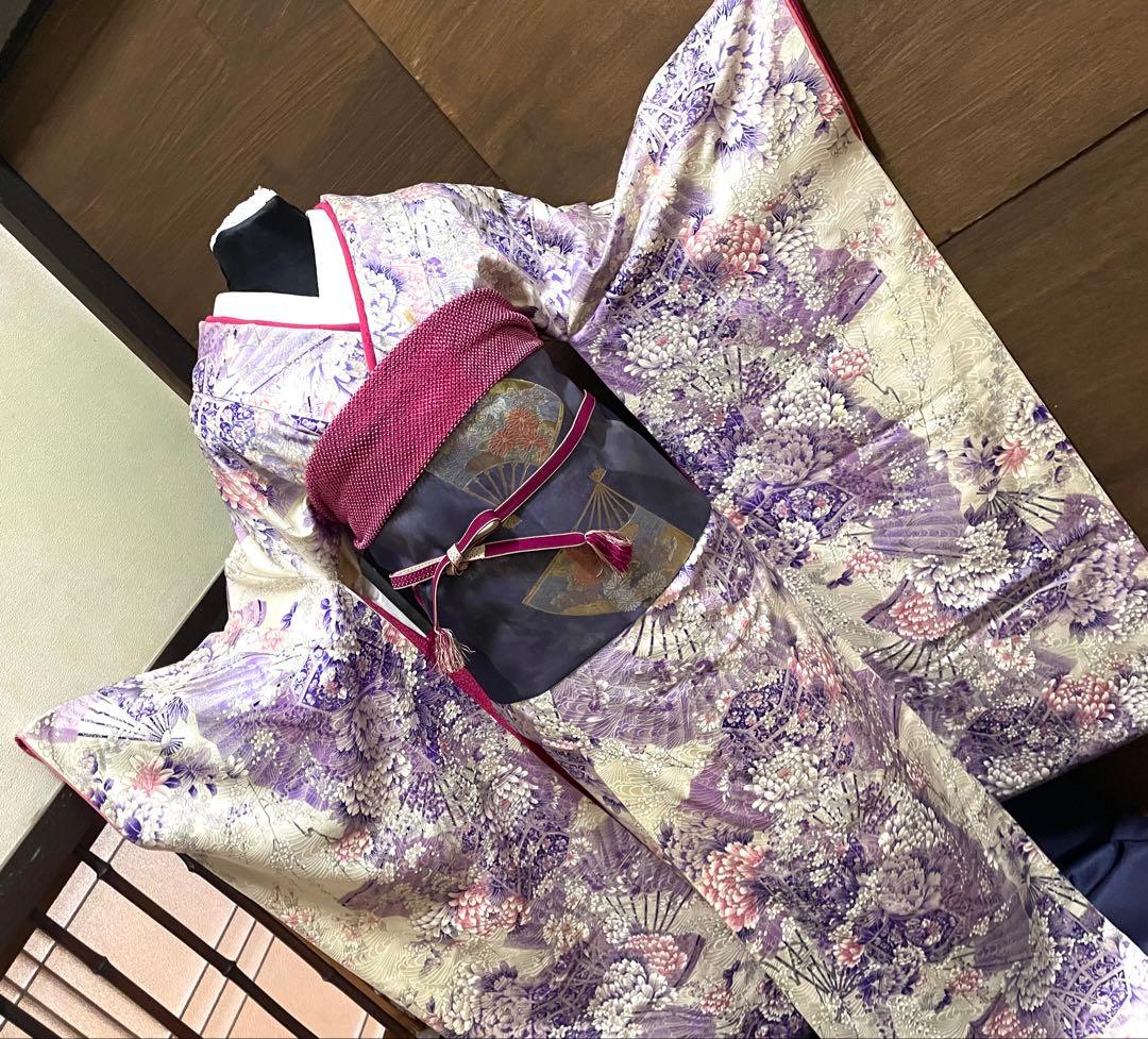 振袖 フルセット6点サイズS〜M 貝桶花文正絹袋帯唐織扇面御所車花文　金銀糸引箔