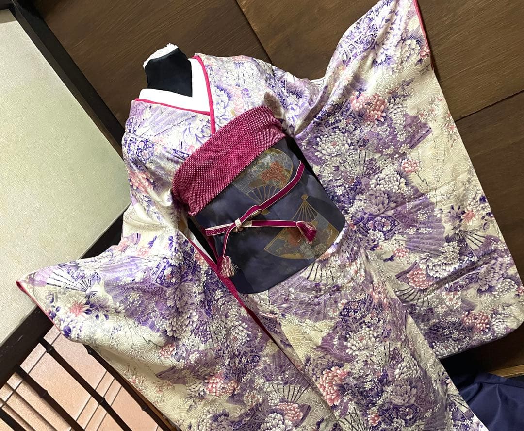 振袖 フルセット6点サイズS〜M 貝桶花文正絹袋帯唐織扇面御所車花文　金銀糸引箔