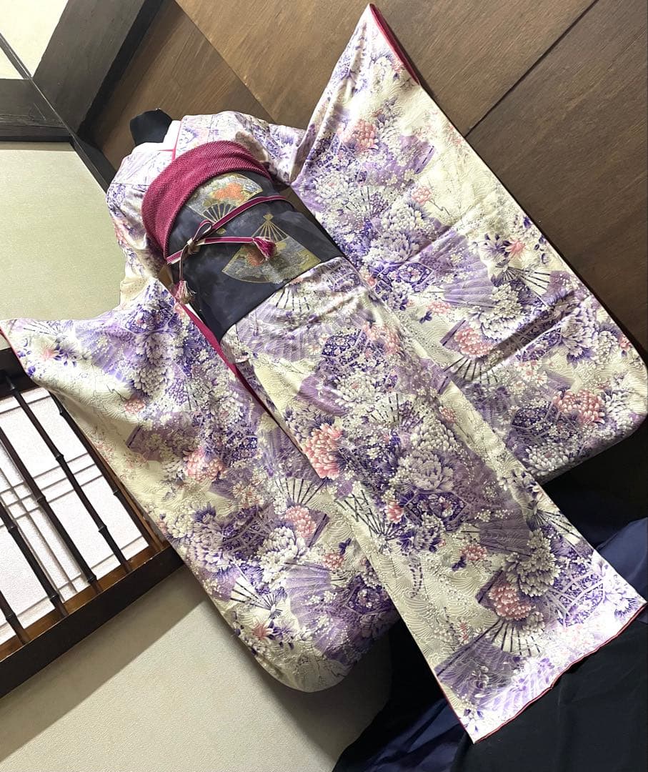 振袖 フルセット6点サイズS〜M 貝桶花文正絹袋帯唐織扇面御所車花文　金銀糸引箔