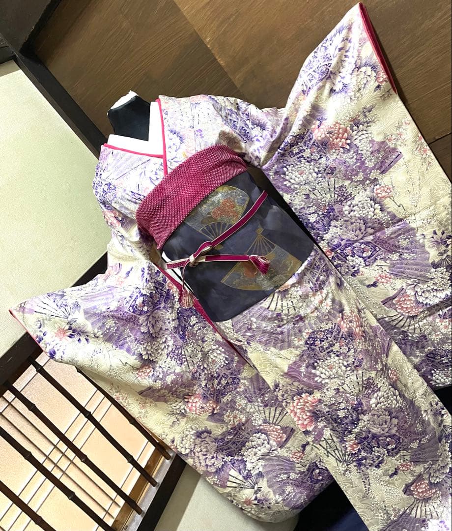 振袖 フルセット6点サイズS〜M 貝桶花文正絹袋帯唐織扇面御所車花文　金銀糸引箔