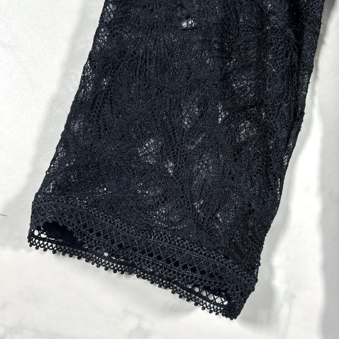 カラルス　スタンドカラーウエスト切替総レースワンピースドレス　ブラック　L