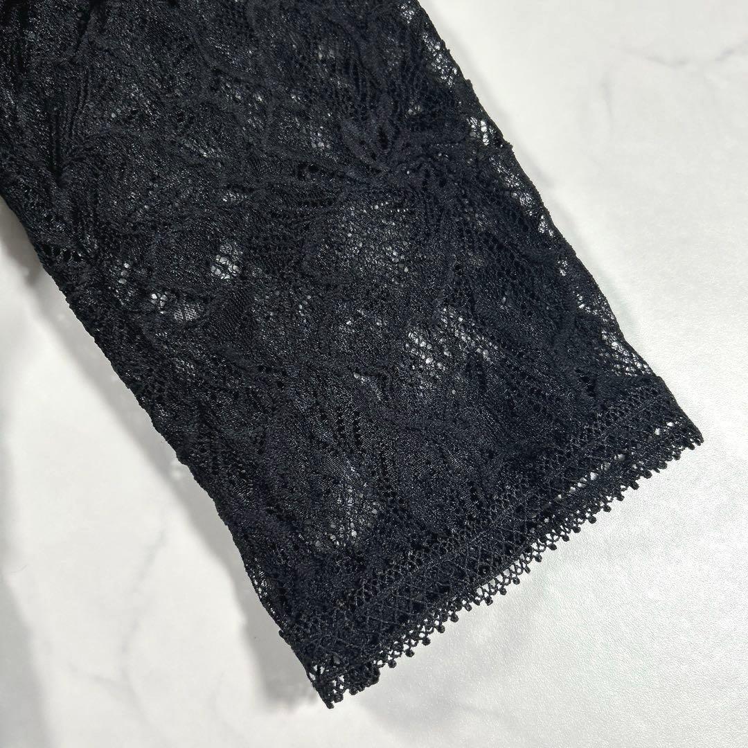 カラルス　スタンドカラーウエスト切替総レースワンピースドレス　ブラック　L