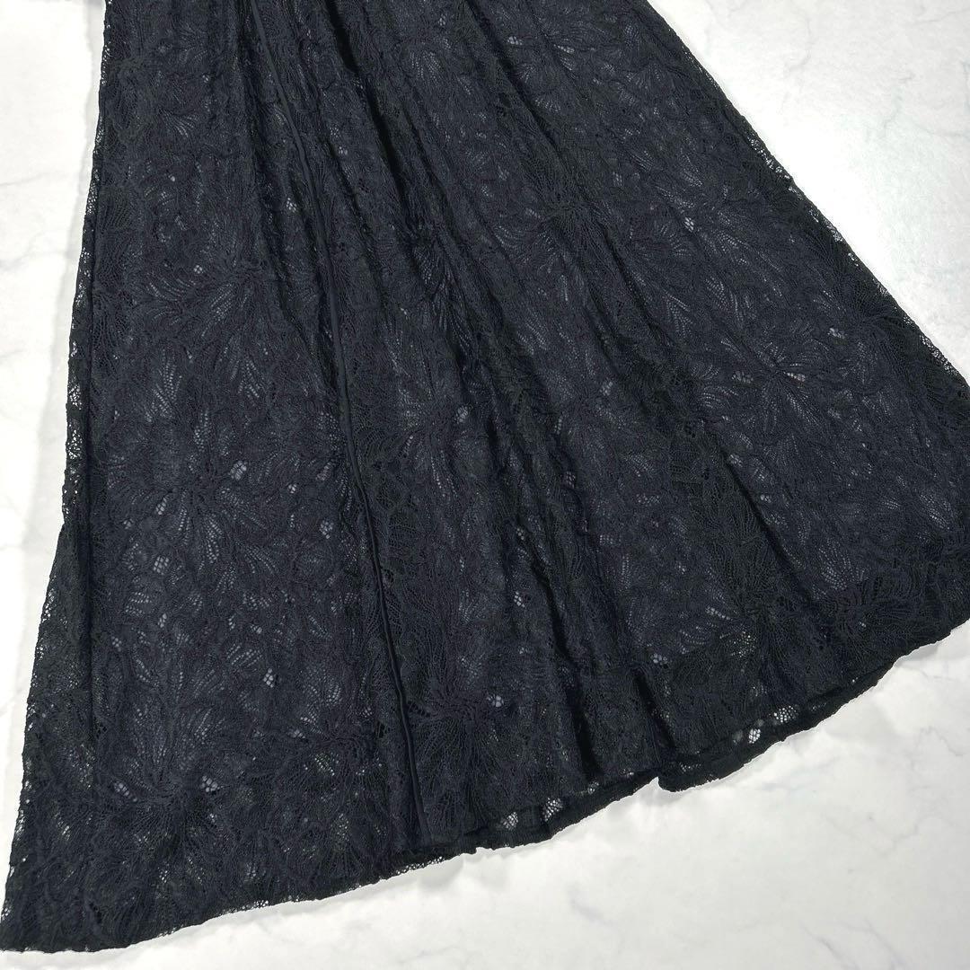 カラルス　スタンドカラーウエスト切替総レースワンピースドレス　ブラック　L