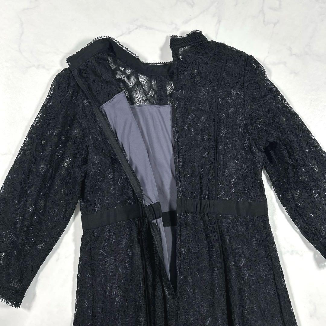 カラルス　スタンドカラーウエスト切替総レースワンピースドレス　ブラック　L