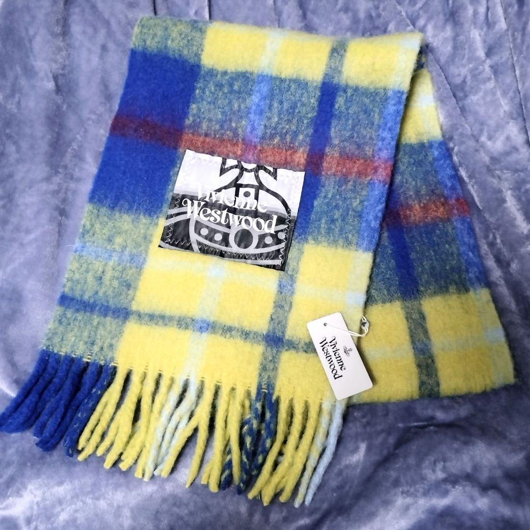 新品ダグ付き　Vivienne Westwood　大判マフラー　イエロー×ブルー