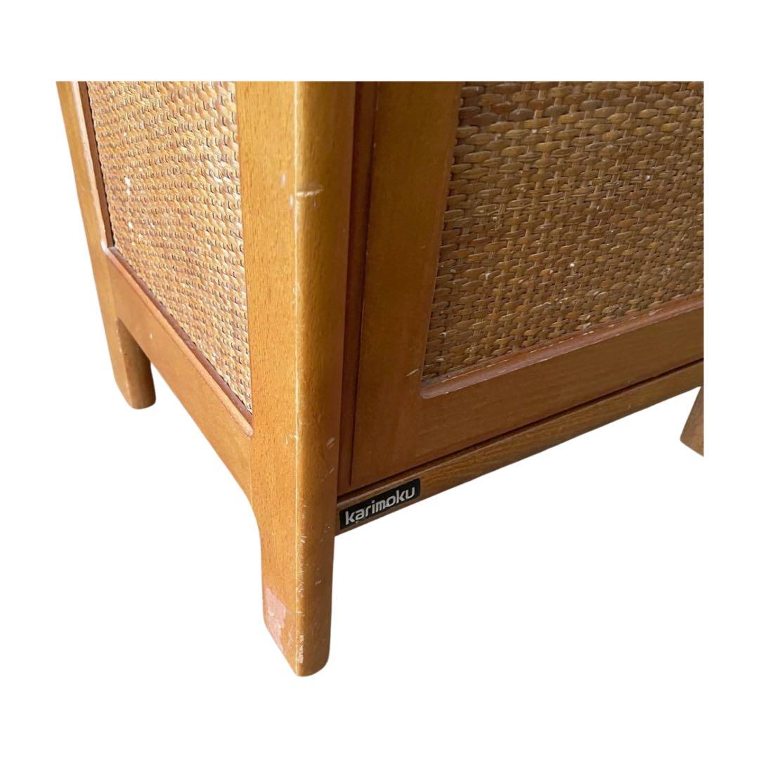 希少　カリモク ラタン 木製電話台・FAX台 引き出し付き 昭和レトロ