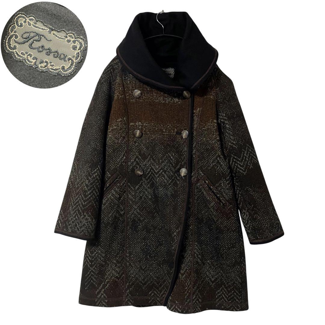 美品 インポートロッサ ショールカラーロングコート ダブル 総柄 ヘリンボーン