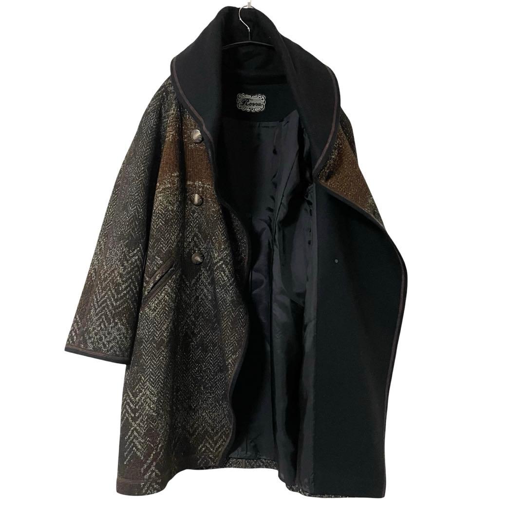 美品 インポートロッサ ショールカラーロングコート ダブル 総柄 ヘリンボーン