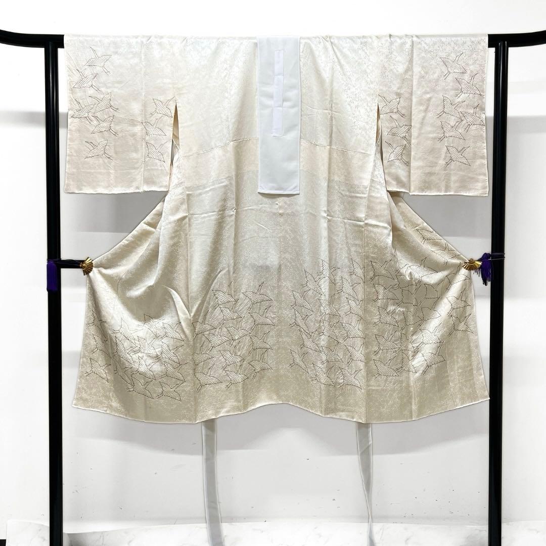 長襦袢　袷　鶴　金彩　オフホワイト　着物　084a d